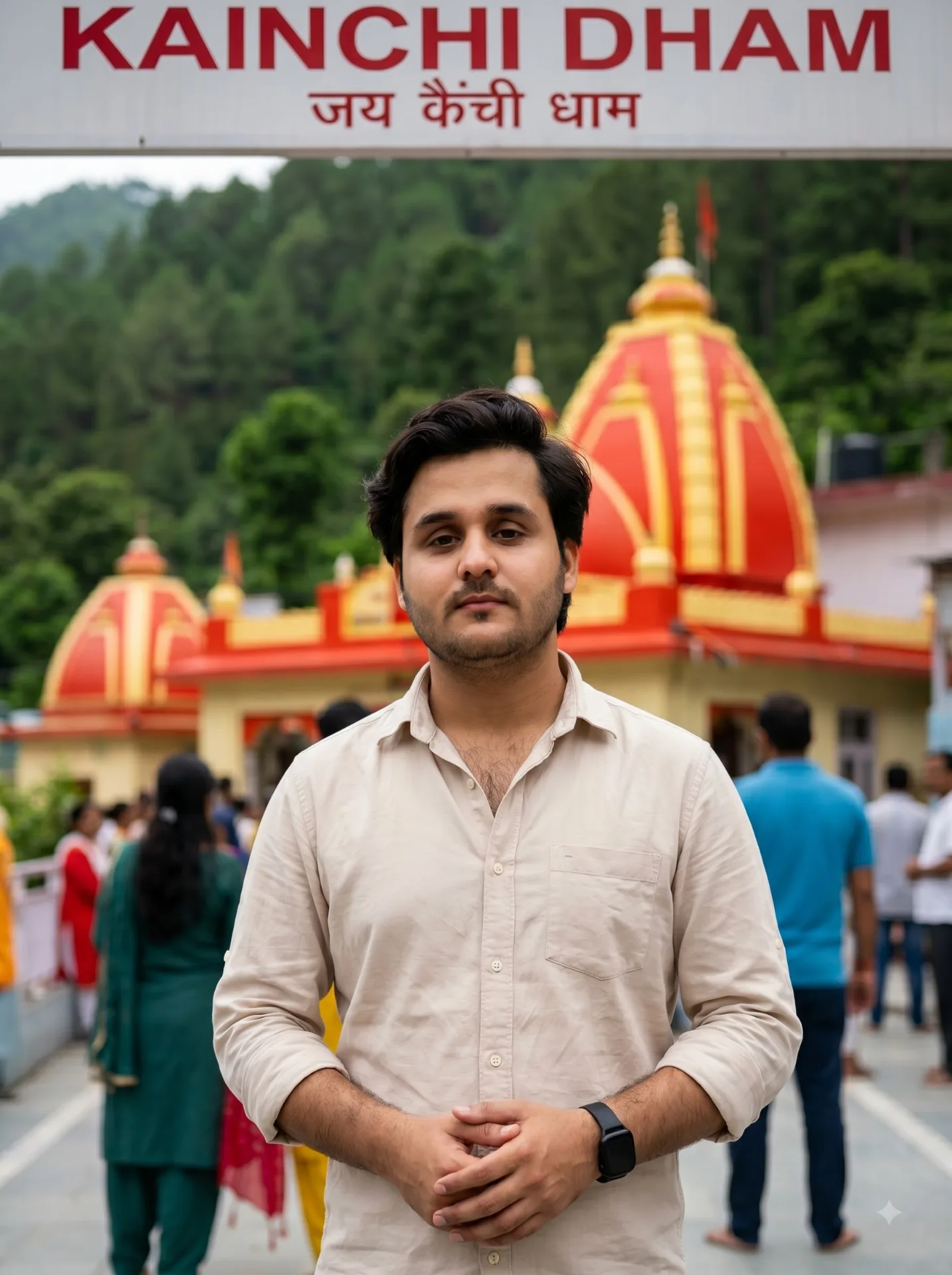 ULTRA-REALISTIC PORTRAIT OF A YOUNG INDIAN MAN STANDING CALMLY AT KAINCHI DHAM TEMPLE IN UTTARAKHAND.