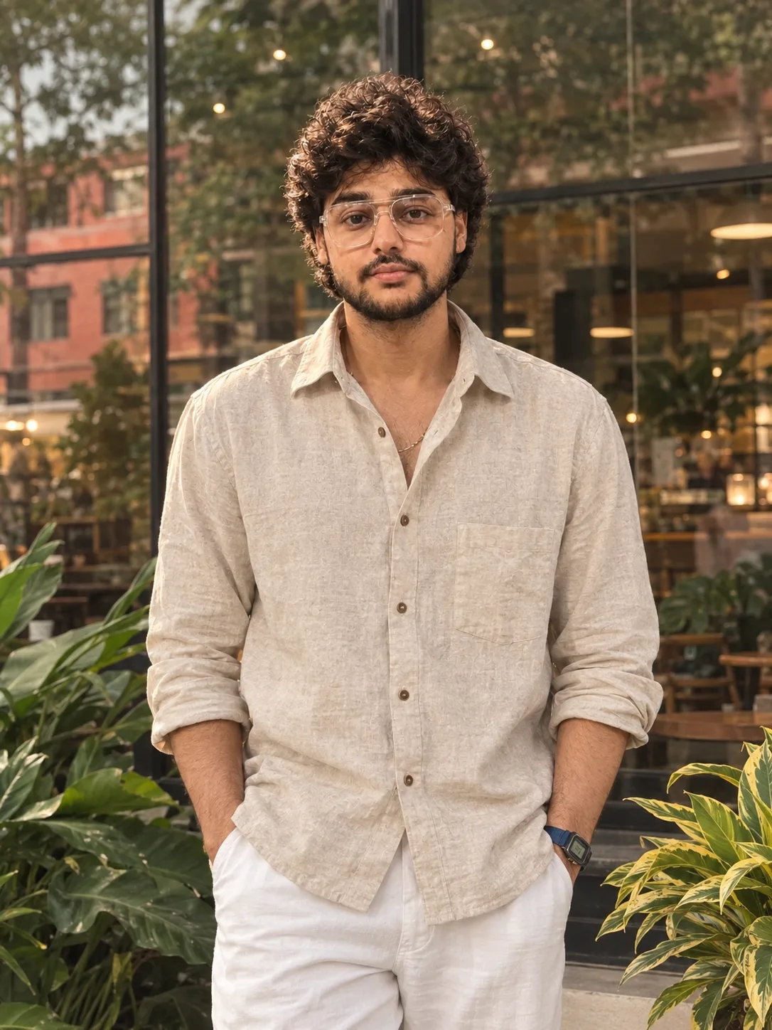 "A clean, candid lifestyle portrait of a young man with thick, tight black curly hair in a rounded, fluffy crop, smiling softly with a