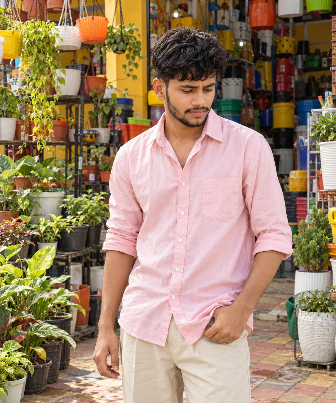 @Create image 1. ULTRA-REALISTIC 8K DSLR PHOTOGRAPH, vertical 5:6 portrait of a young South Asian man standing casually outside a colorful