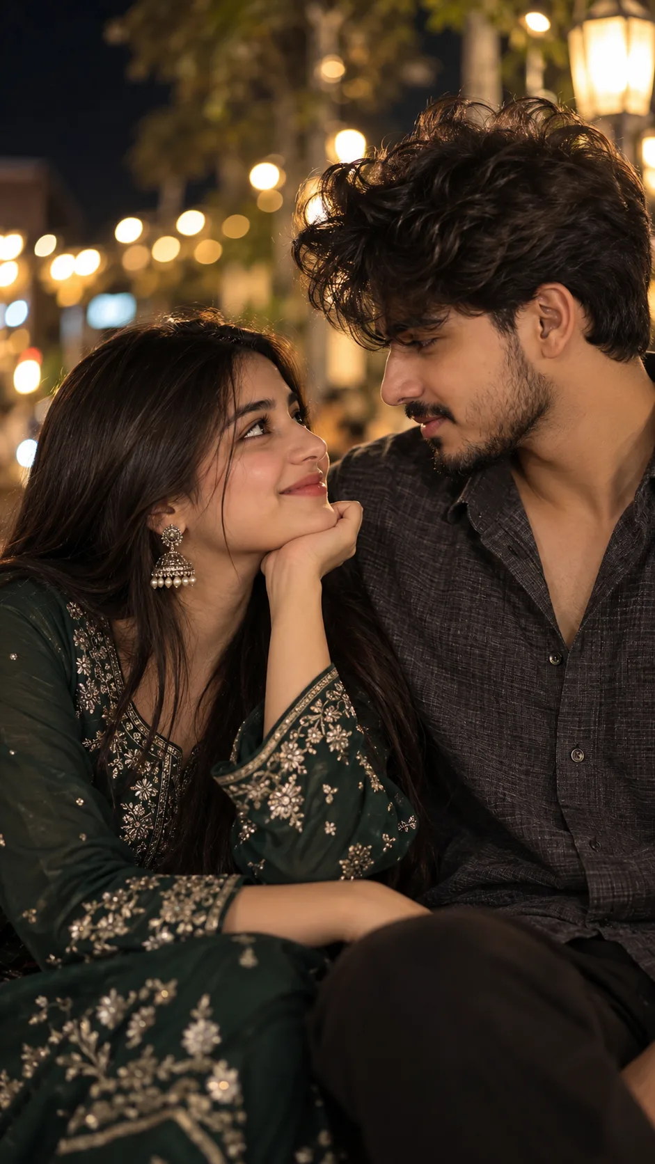 Create a highly photorealistic, cinematic romantic portrait of a young South Asian couple sitting close together outdoors at night.