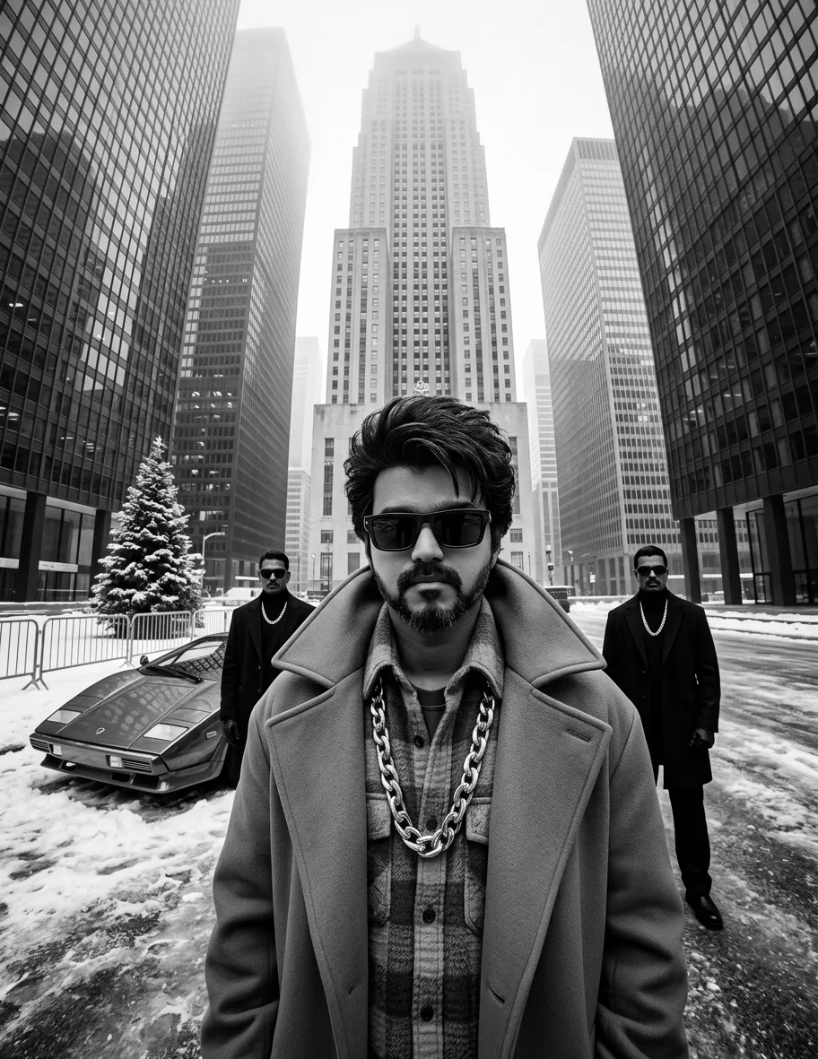 A black-and-white, high-contrast, ultra-glamorous street fashion editorial photograph taken with an ultra-wide-angle lens that creates the