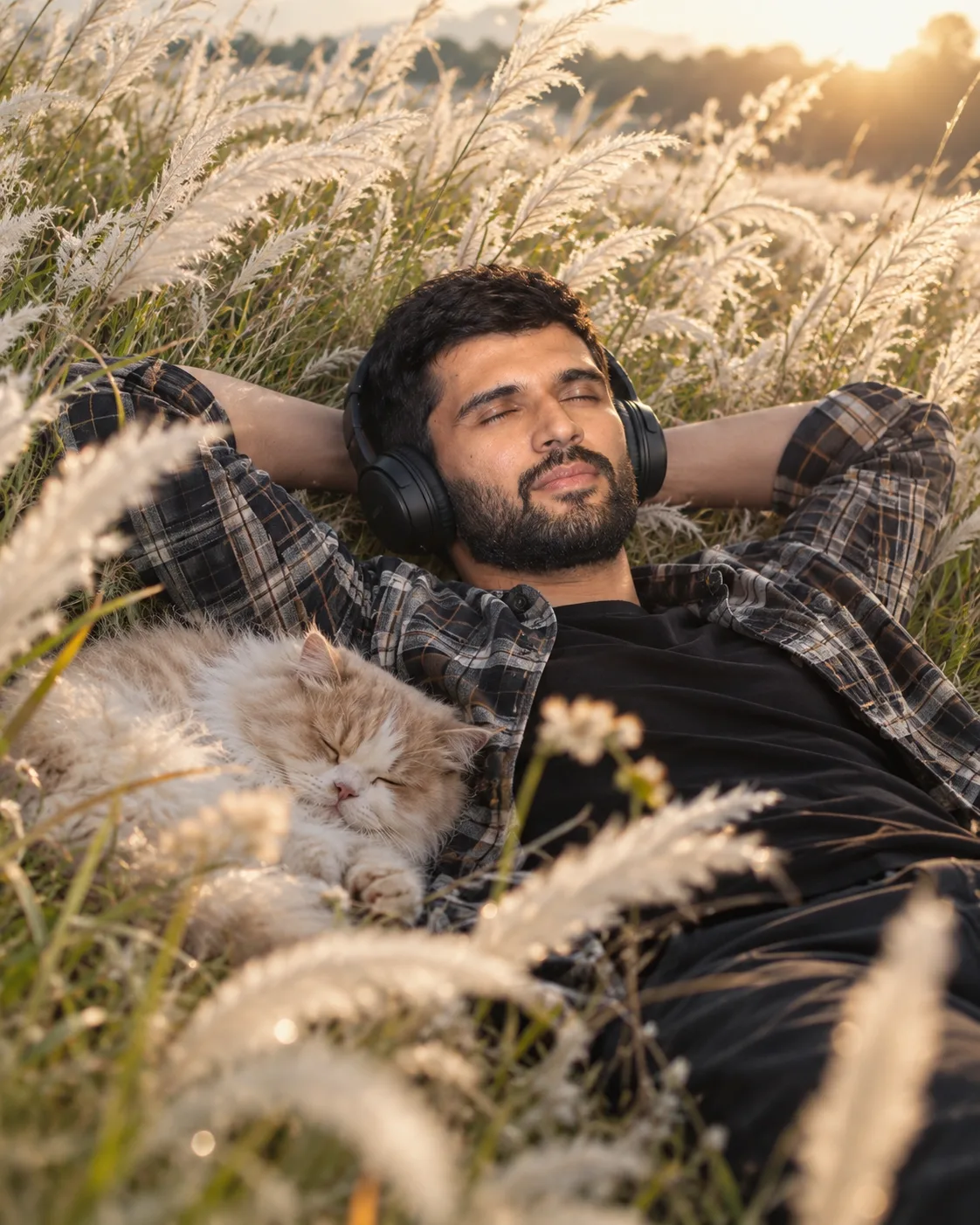 Hyper-realistic low-angle vertical shot (4:5) of a young man lying in a white long feathery plant field.