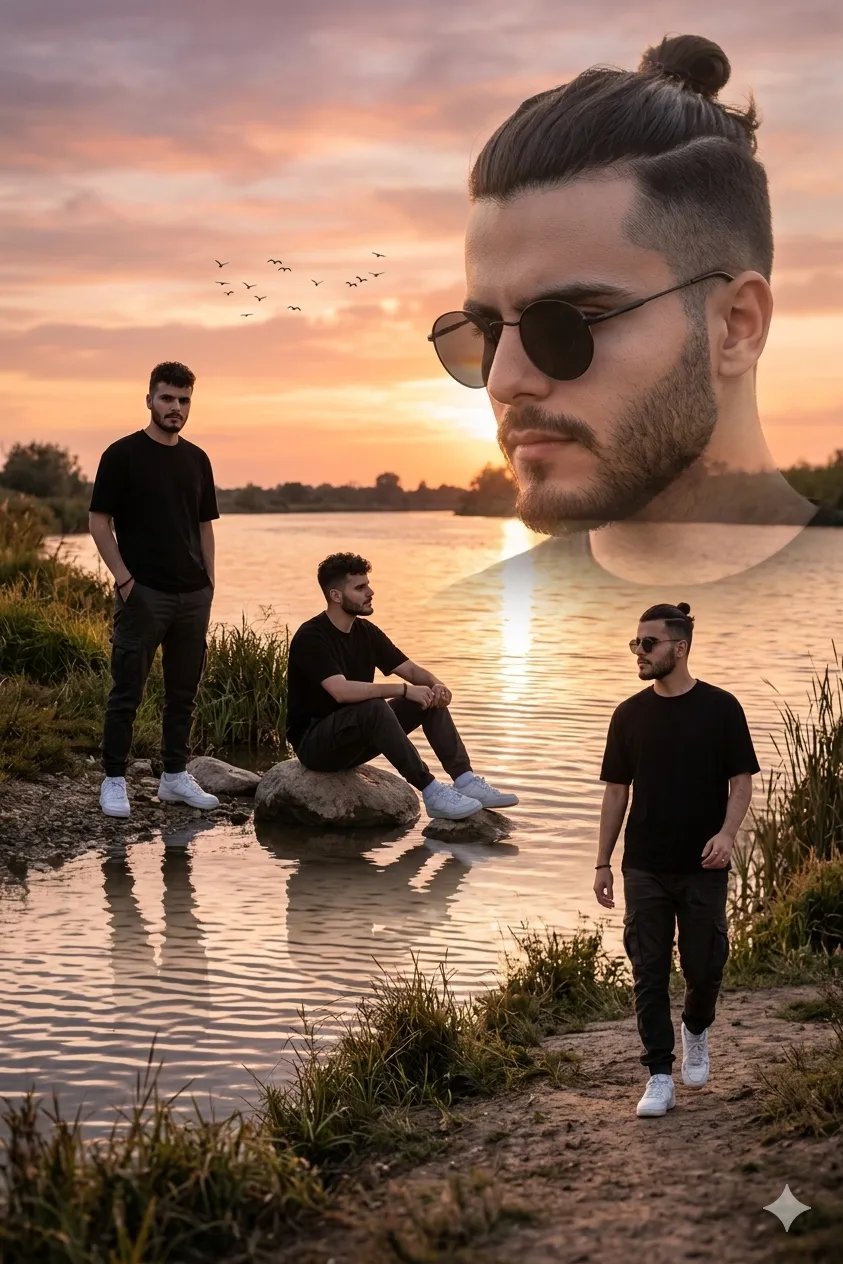 ltra-realistic cinematic portrait of a stylish youngboy standing, sitting, and walking near a calm riverbank during golden hour sunset.