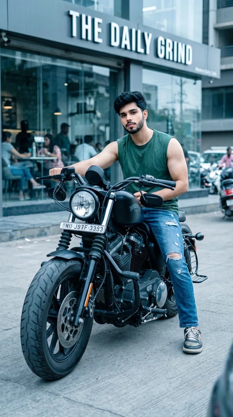 A young man with styled dark hair and a clean, smooth complexion sits confidently on a black cruiser motorcycle in an urban street setting.