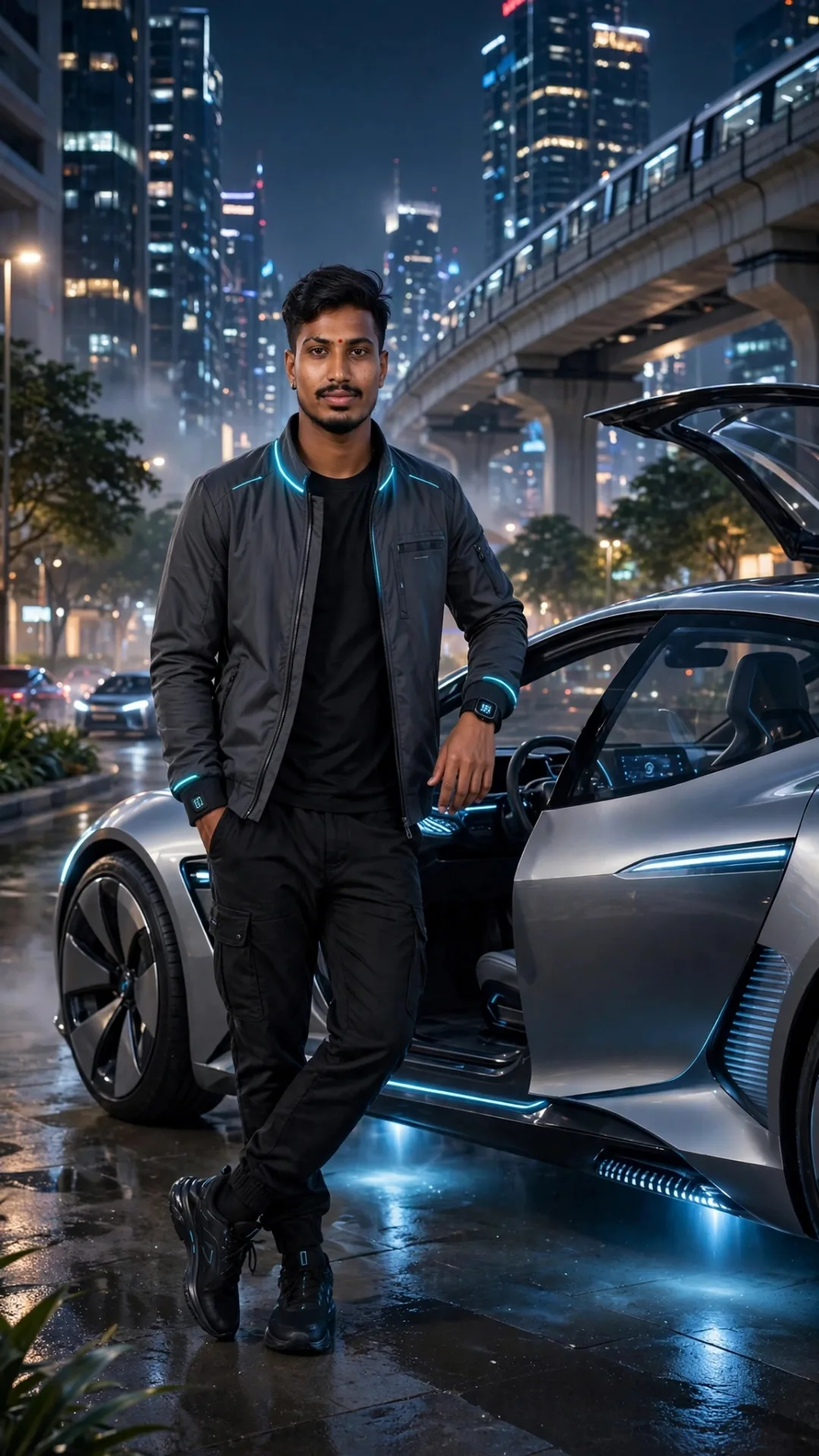 Create an ultra-realistic cinematic 8K HDR full-body photograph of a 20-YEAR-OLD BOY standing beside a futuristic flying car in a