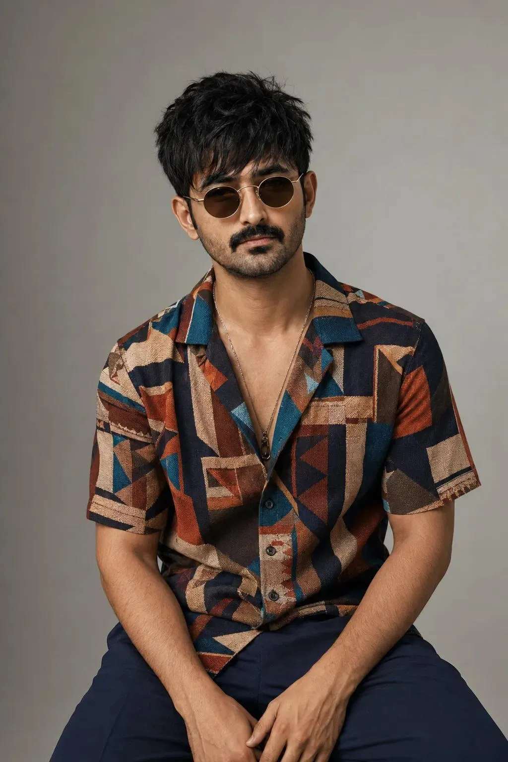 😎 PROMPT ⬇️ Ultra-realistic cinematic 2:3 fashion portrait of a stylish young adult man with thick tousled dark-brown curly hair,
