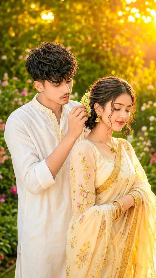 A photorealistic vertical medium portrait of the young South Asian couple from the reference image, faithfully preserving their exact