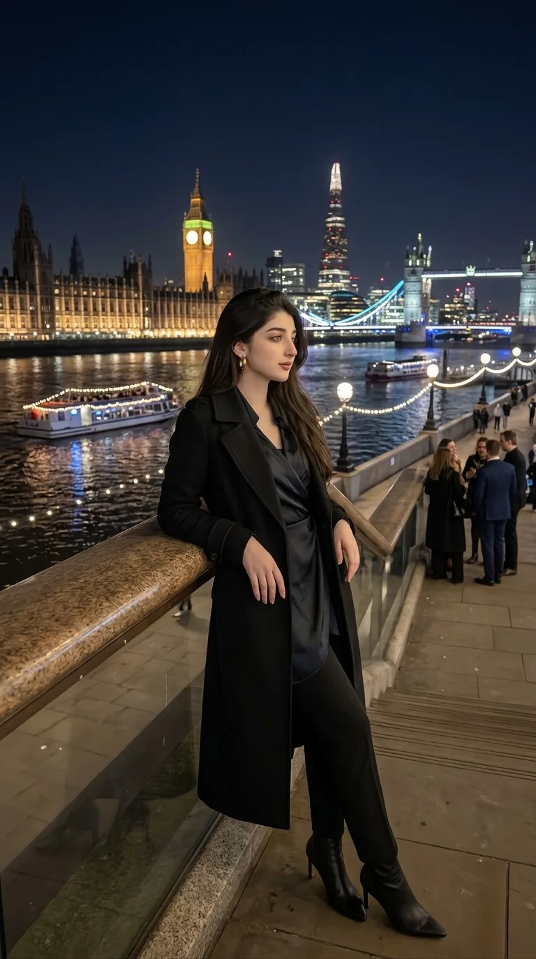 > **CONCEPT:** A luxurious, photorealistic full-length night photograph featuring the same beautiful woman from `image_82.png`, preserving