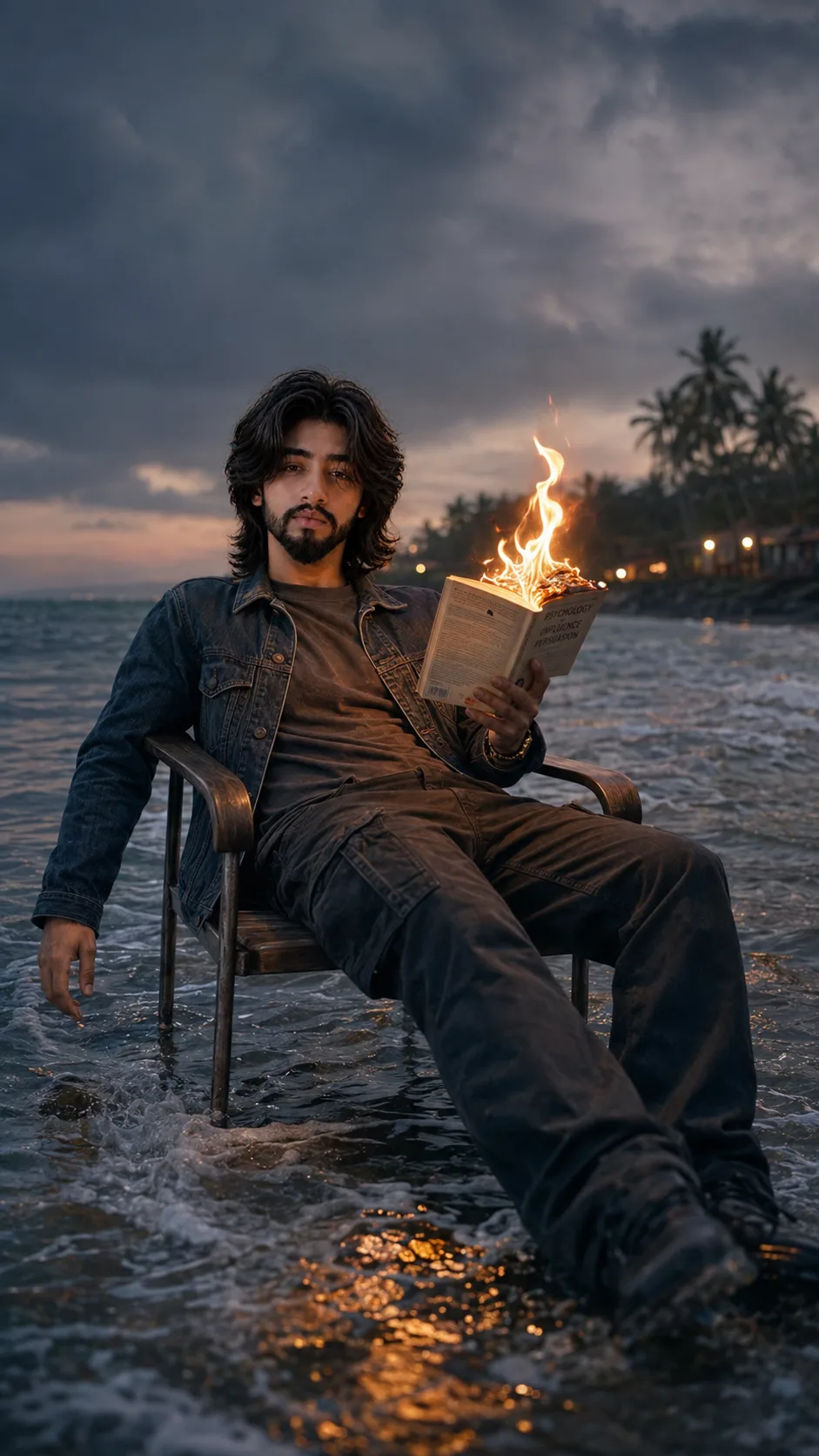The provided image features a person with medium-length dark hair and a beard, seated in a wooden armchair in the ocean, holding a burning
