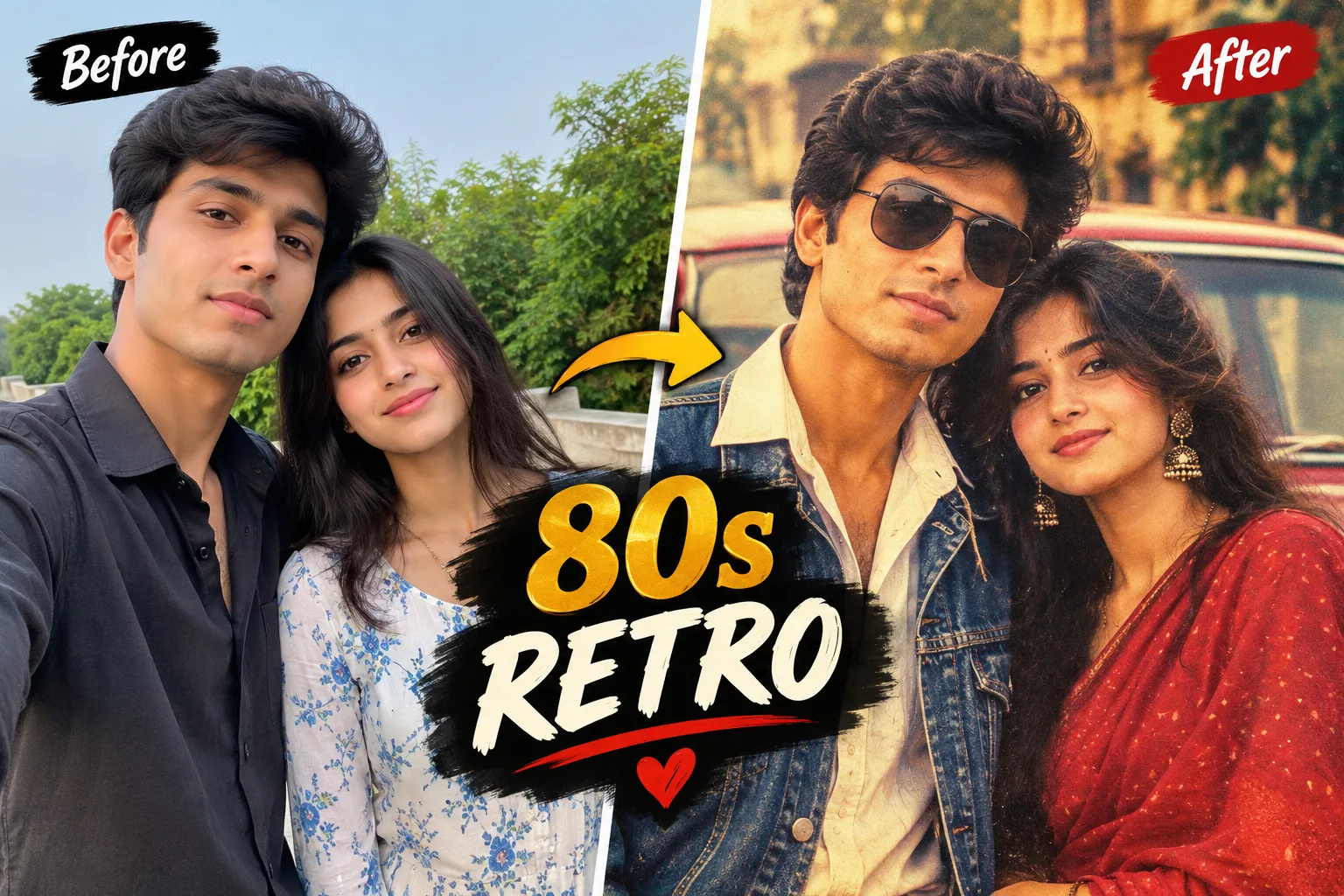 Transform the uploaded couple photo into a highly realistic 1980s Indian cinematic photograph.