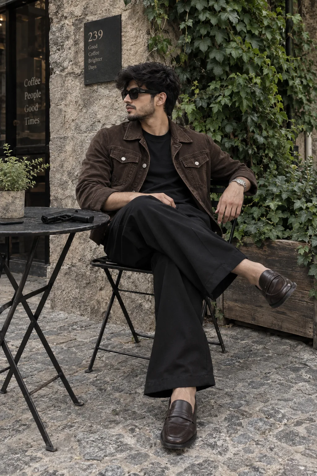 Editorial outdoor fashion portrait of a stylish 6feet man seated on a small metal café chair beside a tiny round bistro table and a Glock