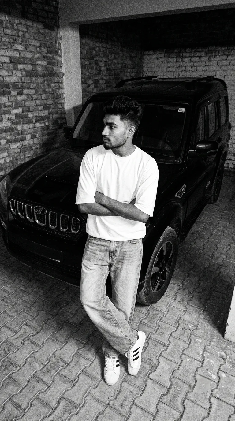Black and White Full-Length Portrait of Young Man Leaning on Black SUV