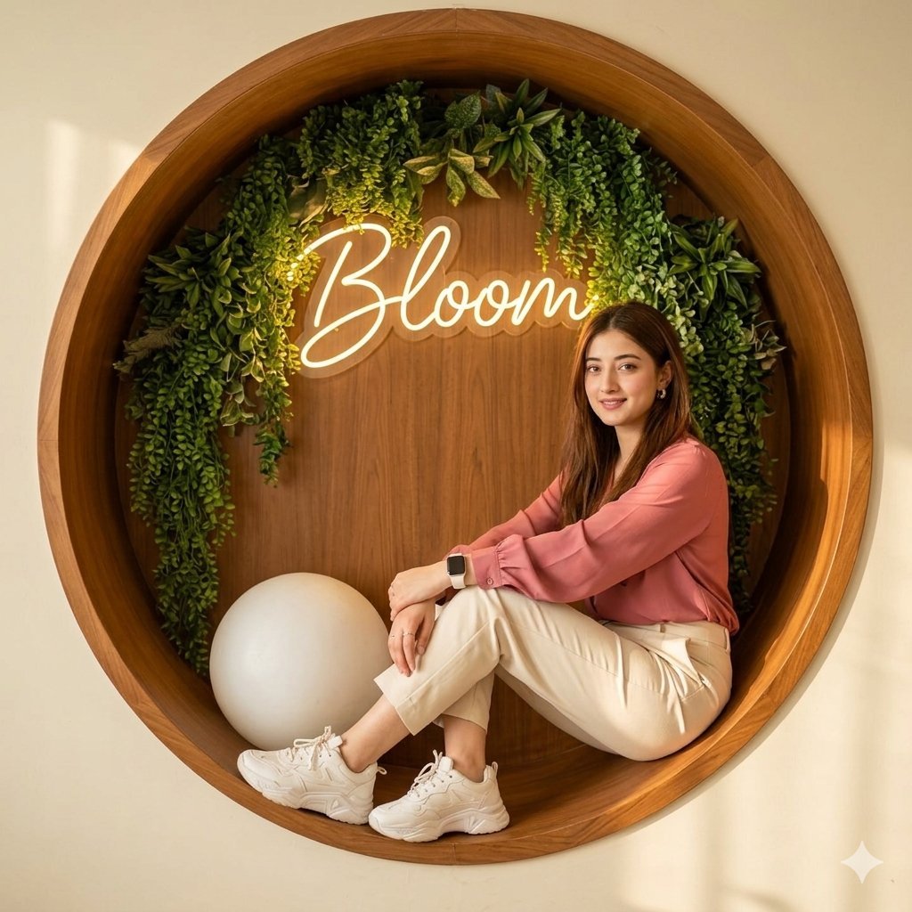 Image Using On Gamini Nano Banana Pro Prompt: A vibrant indoor lifestyle photo of a young woman sitting inside a large, circular wooden