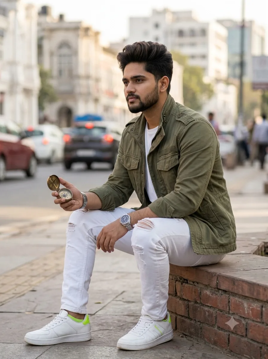A realistic and detailed photography-style portrait of a handsome young man with thick, perfectly styled voluminous dark brown hair with a