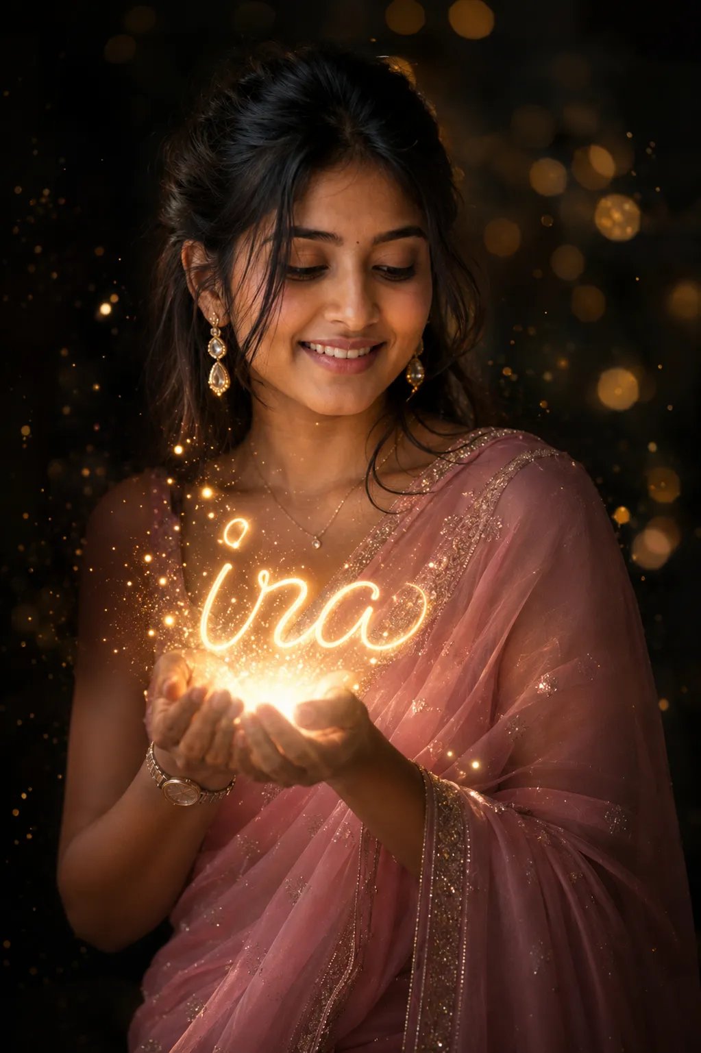 Ultra-realistic cinematic portrait of a beautiful Indian woman in a pastel pink saree, wearing traditional jewelry, holding a magical