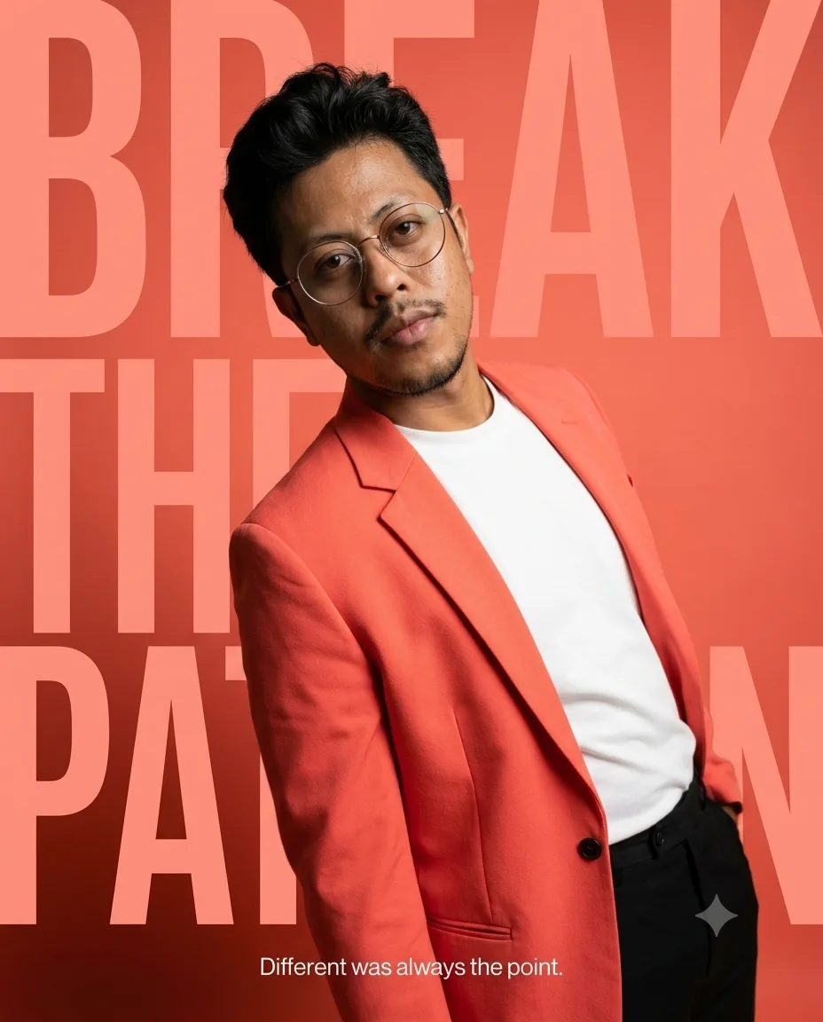 Luxury ultra-realistic fashion editorial featuring a stylish male model wearing a vivid coral jacket over a minimal contemporary outfit.