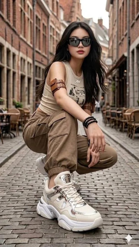 A full-body streetwear fashion portrait of a stylish young East Asian woman crouching on a cobblestone alleyway in a European city.