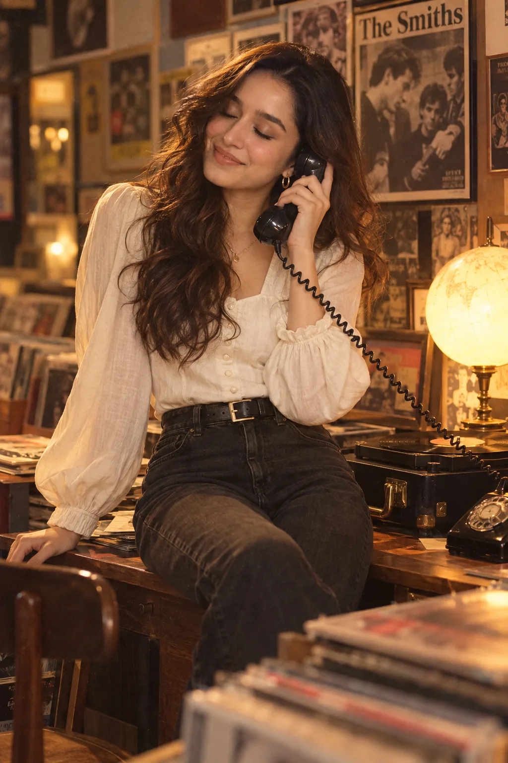 Warm, nostalgic vintage lifestyle portrait of a young woman with voluminous, long, wavy chestnut-brown hair with caramel highlights and