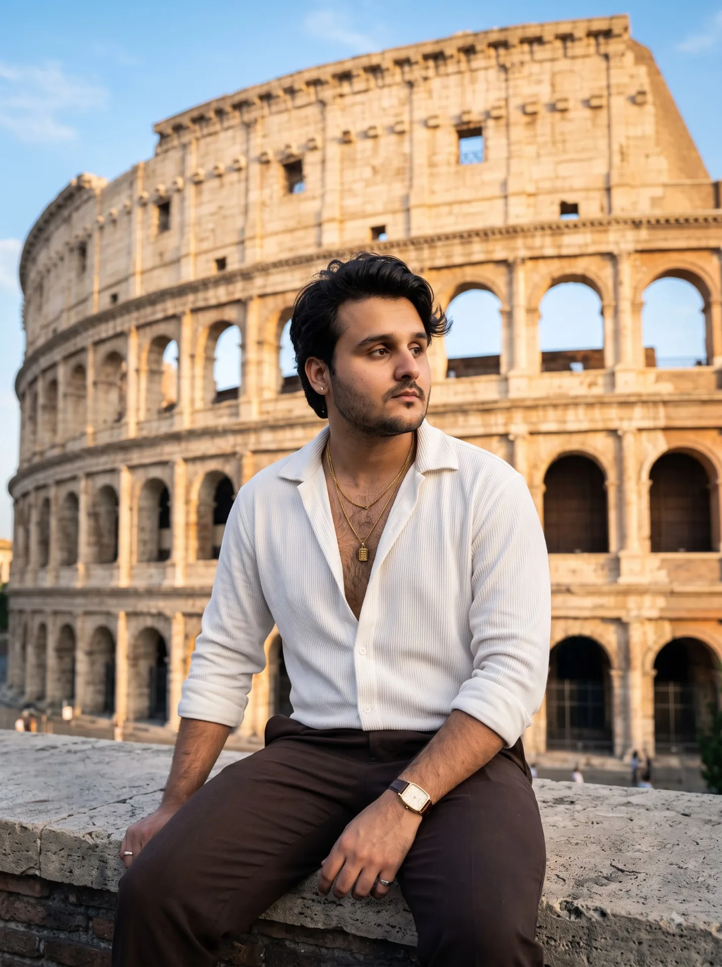 "A realistic, high-resolution photograph captures a young man sitting casually on a rugged, ancient stone wall with the iconic Colosseum in