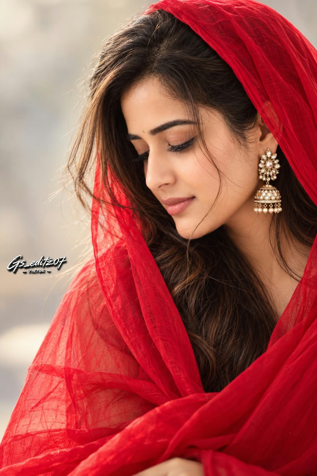 Cinematic side-profile portrait of a young woman looking down with a serene, contemplative expression, eyes gently closed with long dark