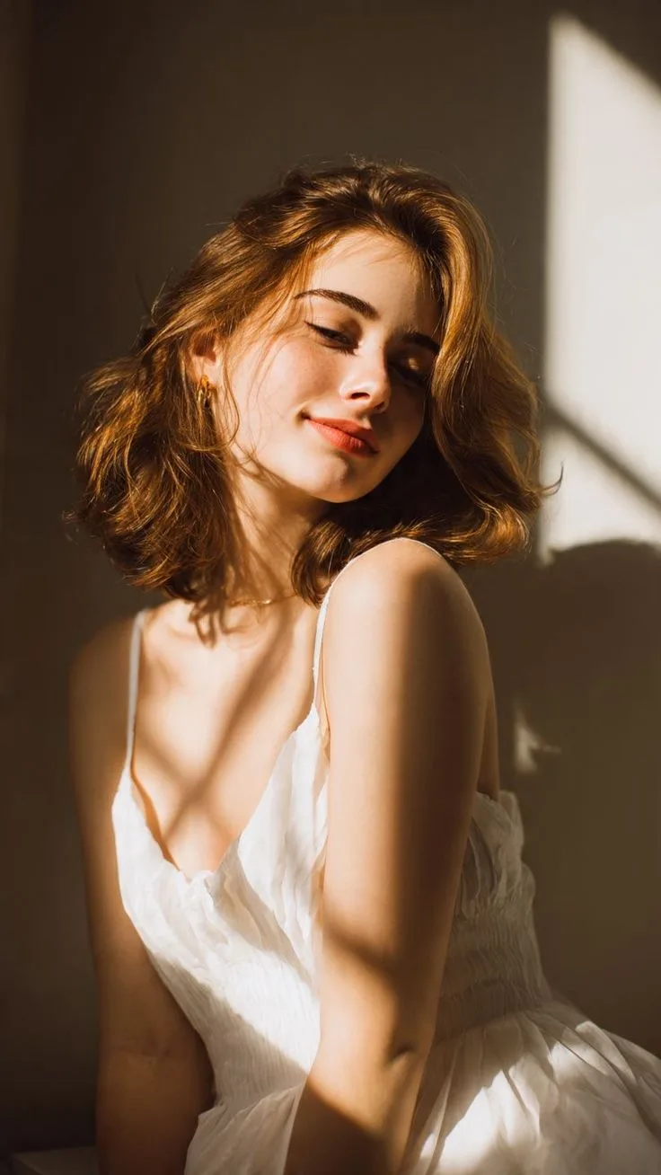 { "prompt": { "subject": "Ultra-realistic portrait of a young woman with elegant feminine features, warm fair skin, softly defined