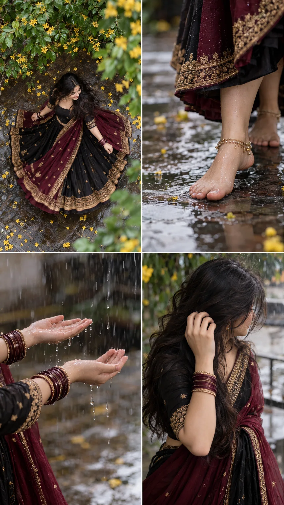 Cinematic Top-Angle & Close-Up 4 panel image (Vertical 9:16 Aspect Ratio) A south Indian woman wearing a black and dark maroon traditional