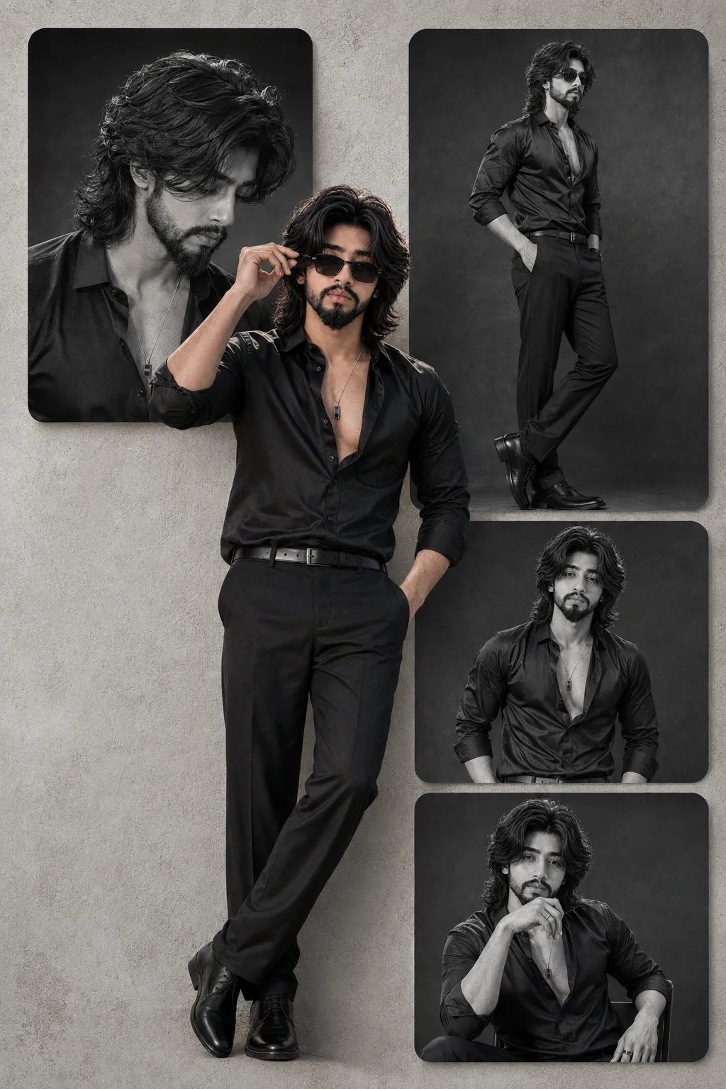 This is a multi-image studio layout set against a light grey textured concrete wall.