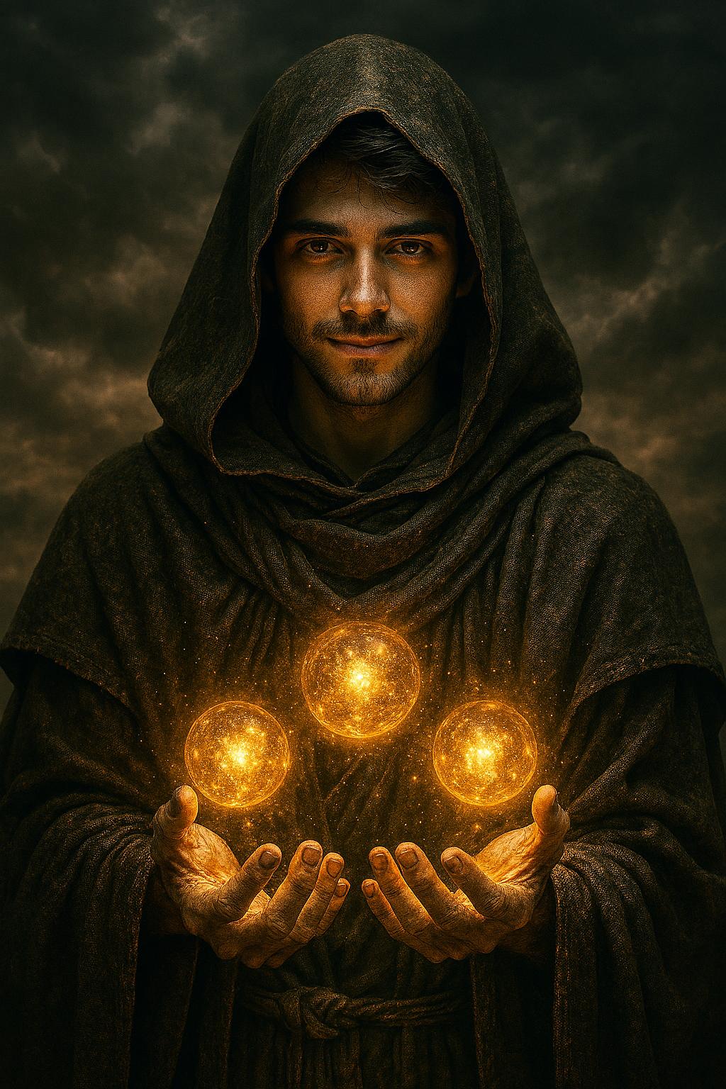 Create a cinematic fantasy portrait of a mysterious character in a medieval hooded cloak holding glowing magical orbs under a stormy sky,