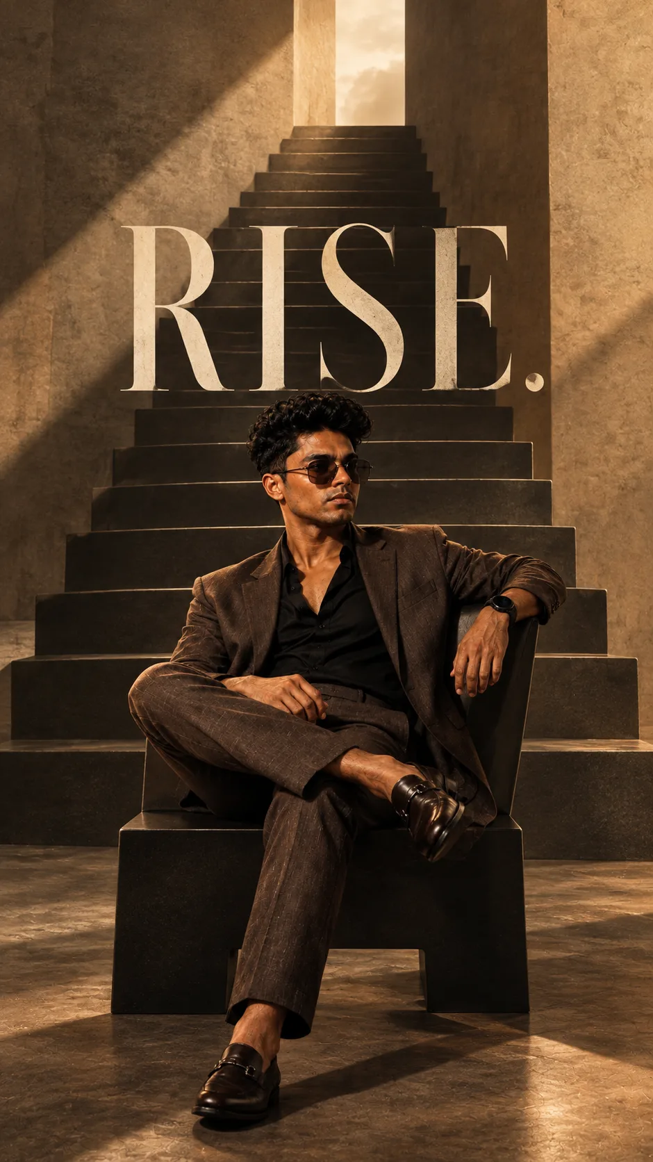 Create a premium 9:16 editorial portrait of a young male model sitting on a minimalist black chair.The chair gradually transforms into a