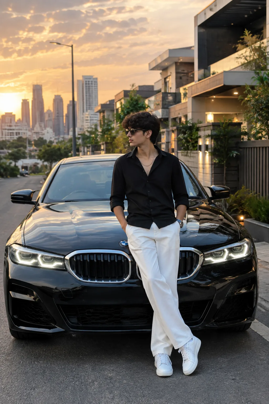 Create a highly realistic cinematic 4K luxury photograph of a stylish young man standing confidently in front of a premium BMW car.