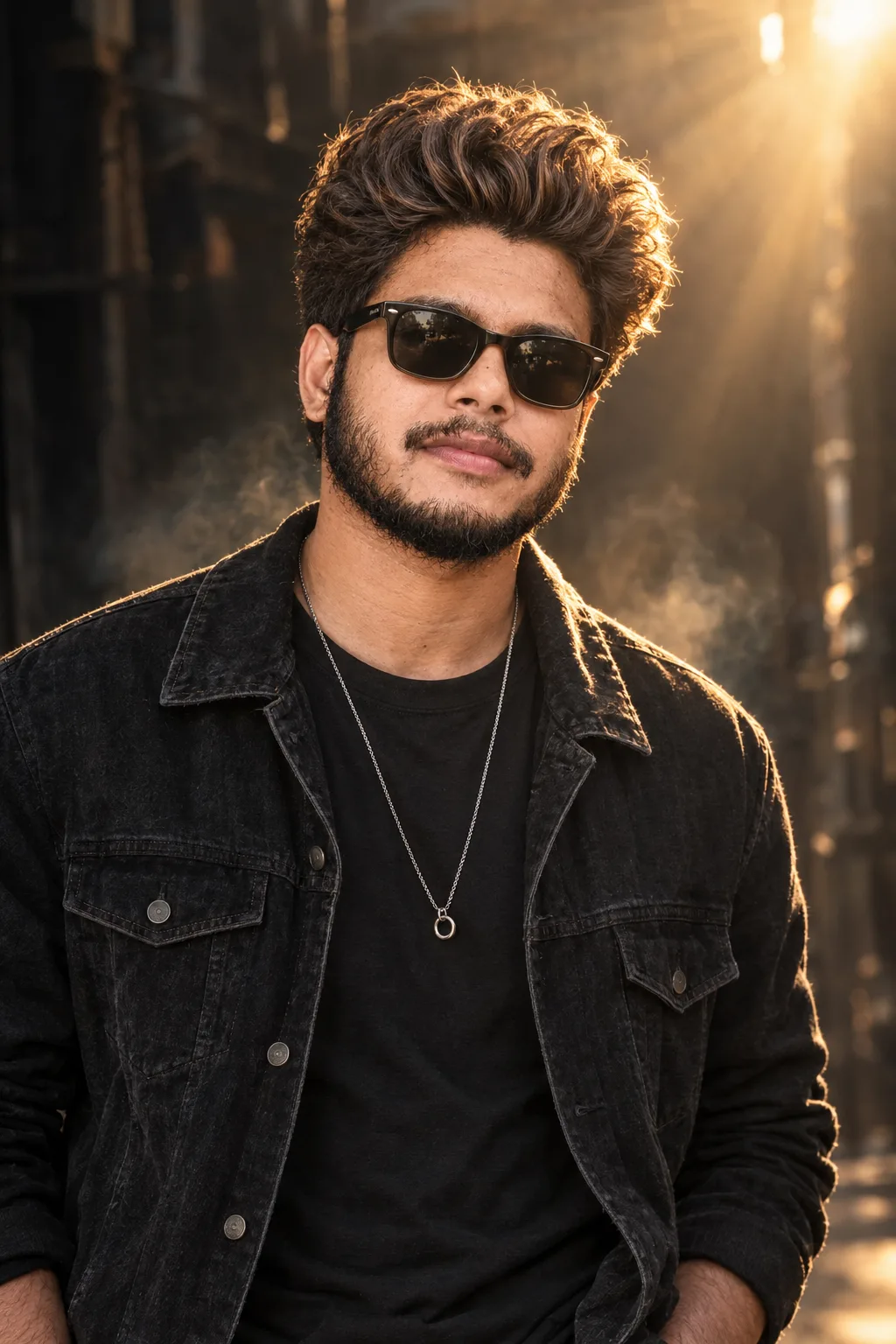 A cinematic, candid medium shot portrait of a stylish South Indian man resembling actor Allu Arjun.