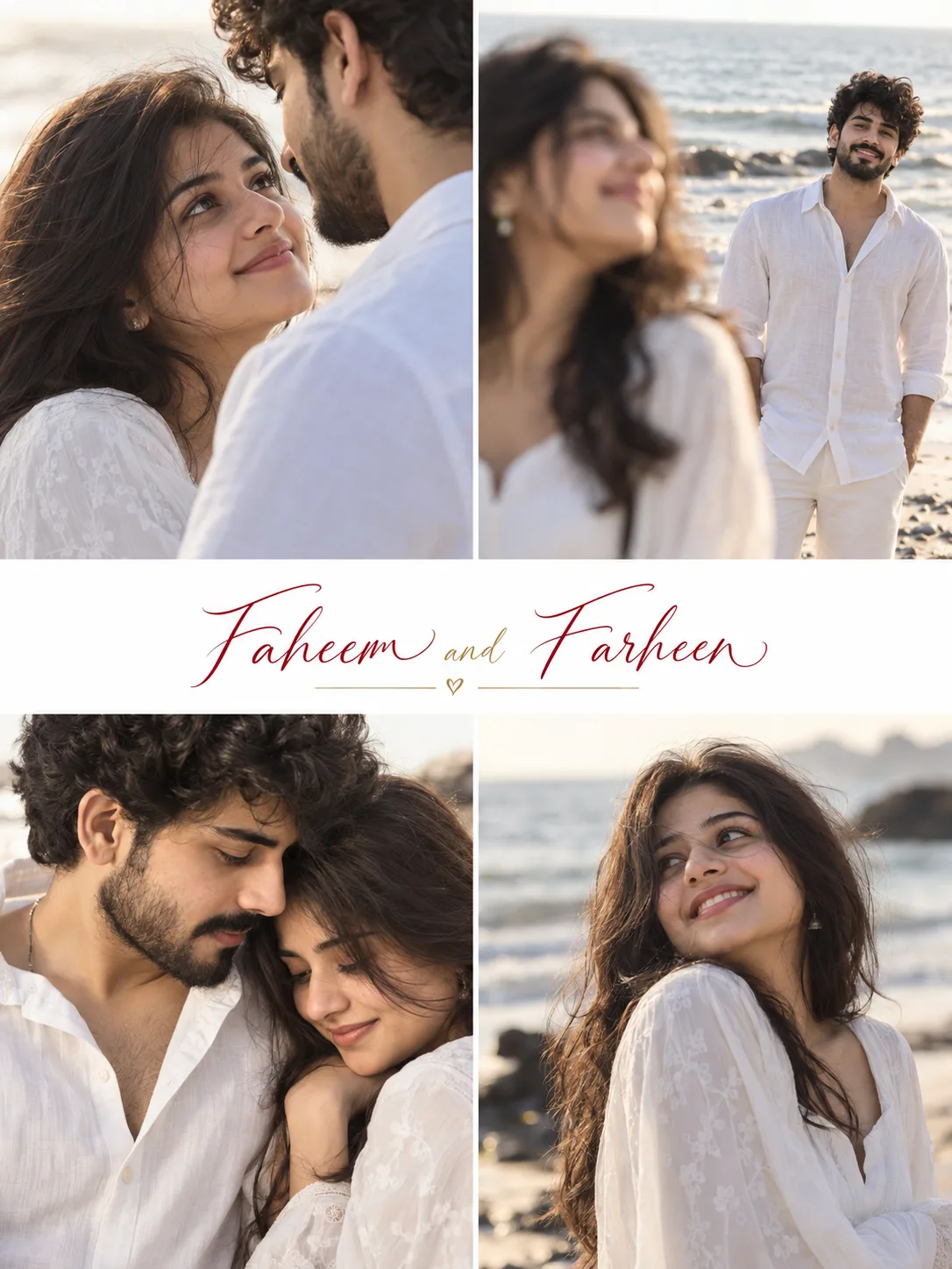 A romantic pre-wedding photoshoot collage layout featuring an Indian c ouple in matching all-white outfits.