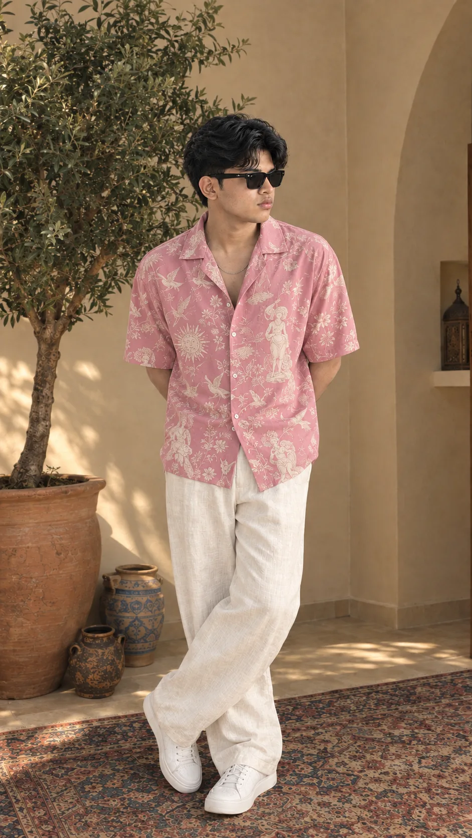 Create a highly realistic full-body fashion portrait of a stylish young man standing casually indoors in a warm luxury Mediterranean-style