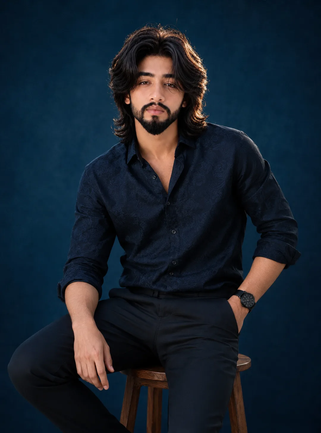A professional studio portrait photograph capturing a man in a specific, seated pose.