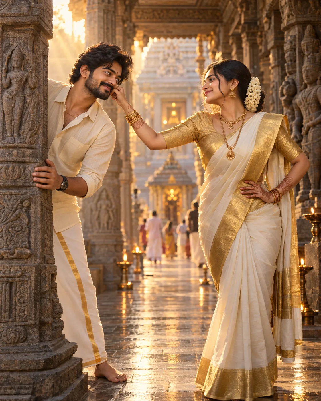A breathtaking cinematic romantic South Indian temple scene during the golden hour, inspired by premium Telugu cinema, luxury wedding