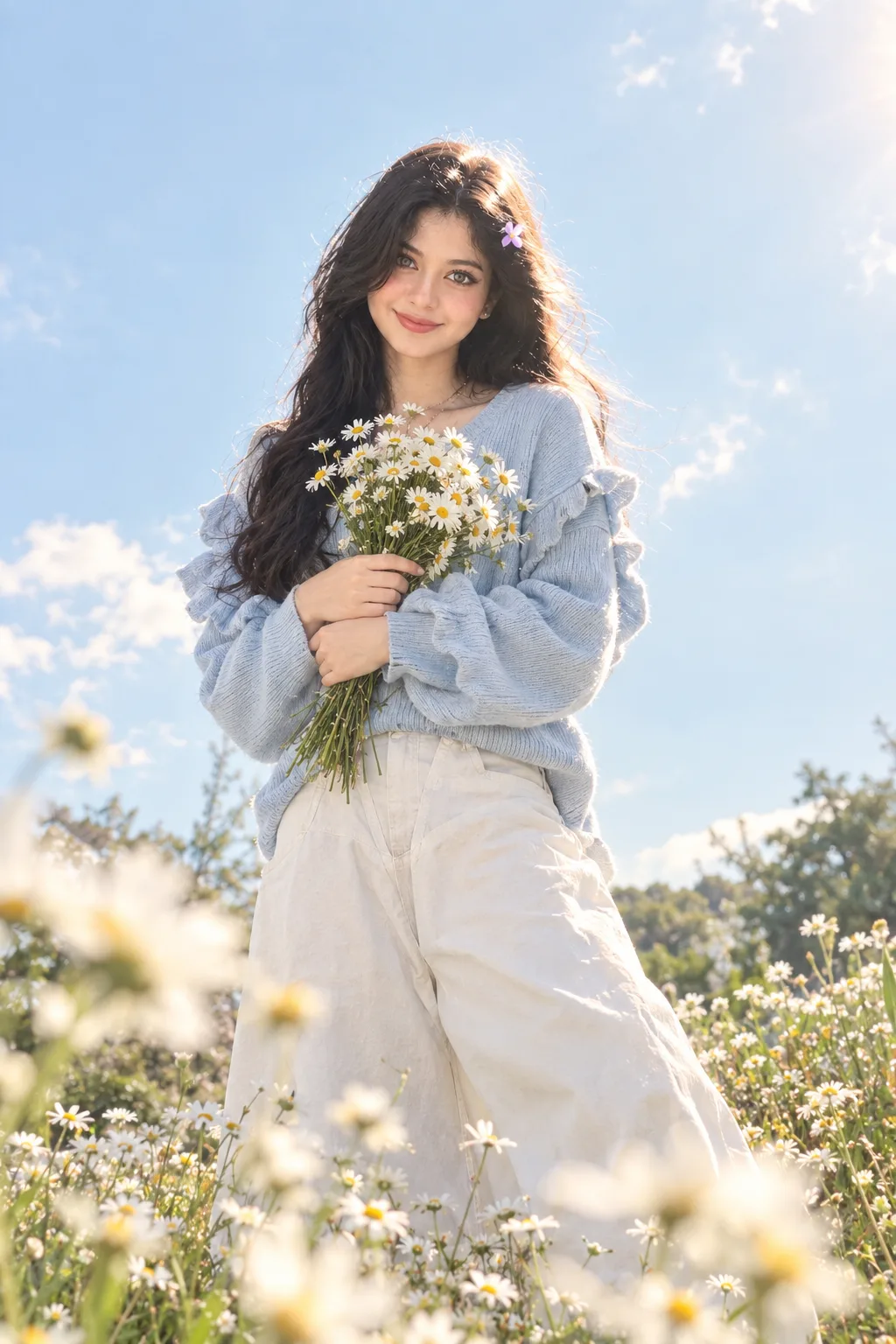 Portrait of a beautiful young woman (based on uploaded image) standing in a dreamy flower field full of white daisies, wearing an oversized