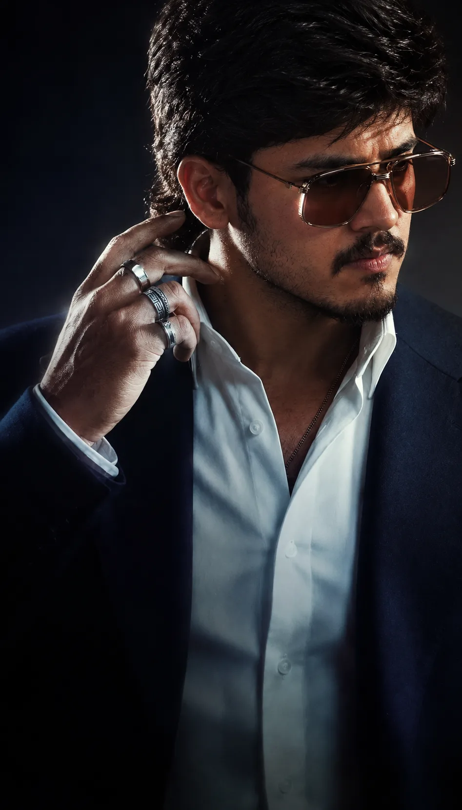 Create an ultra-realistic cinematic portrait of a stylish young man in a dark studio environment.