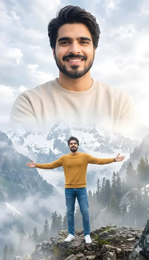 An absolute visual masterpiece, hyper-photorealistic and ultra-detailed cinematic double-exposure portrait composition capturing a handsome