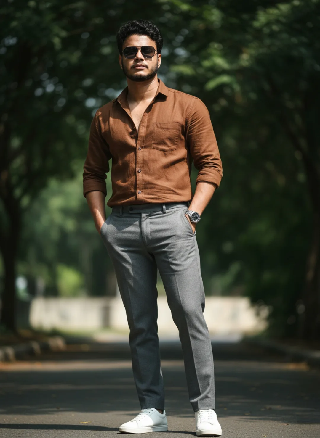 A handsome young South Asian man with short curly black hair, well-groomed beard and mustache, standing confidently on a sunlit paved road