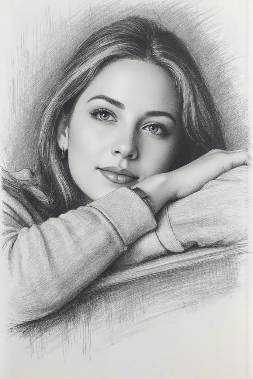 A breathtakingly beautiful, hyper-detailed fine-art pencil sketch of a serene young woman resting her chin and crossed arms on a smooth