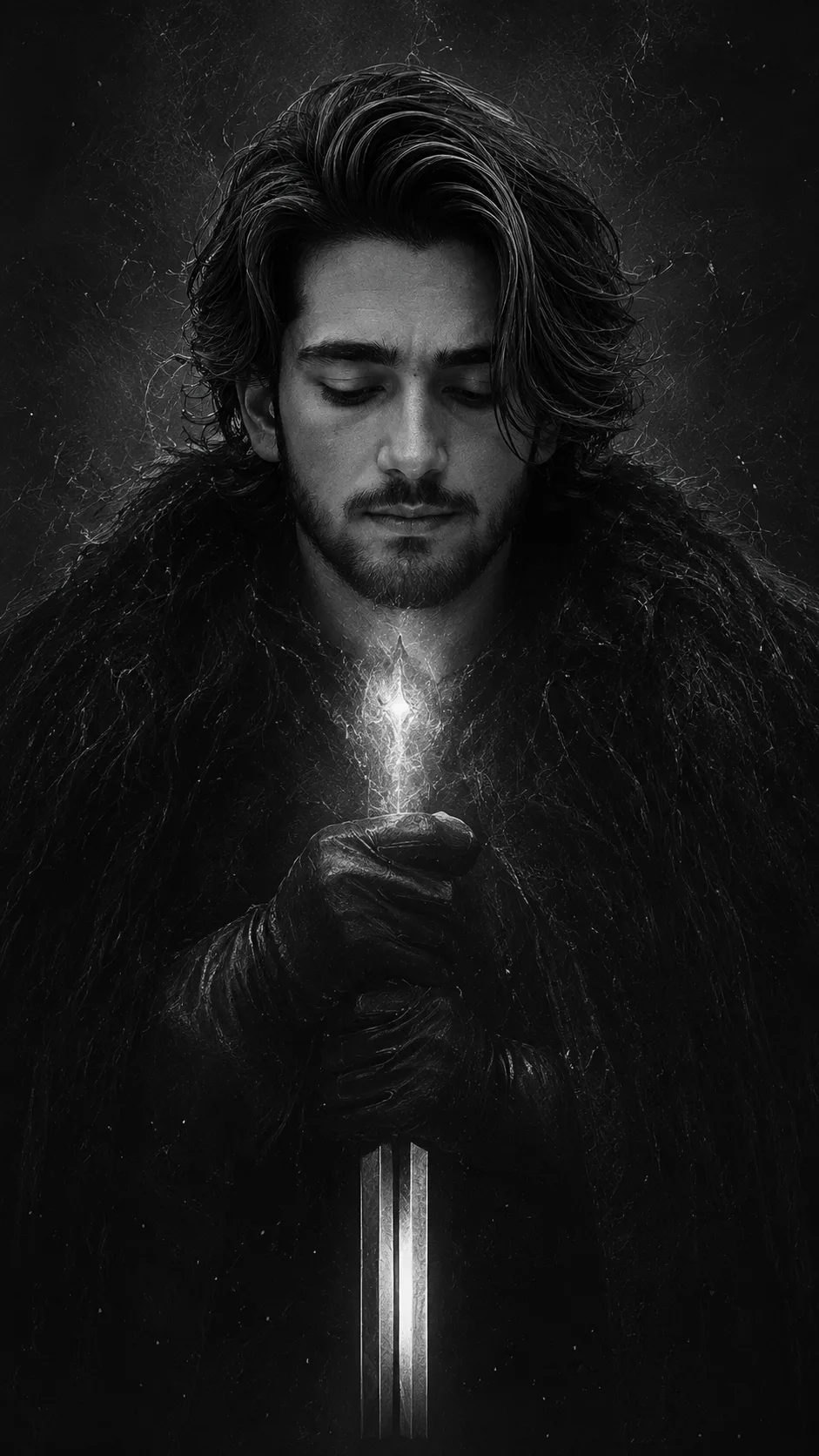 A dark, cinematic **monochrome fine-art portrait of a mysterious young adult man with long, thick, hair**, shown from the waist up against