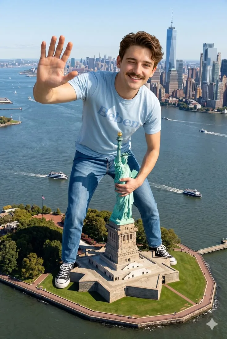 A highly detailed, surreal photograph capturing a giant-sized smiling man with a mustache playfully towering over Liberty Island in New