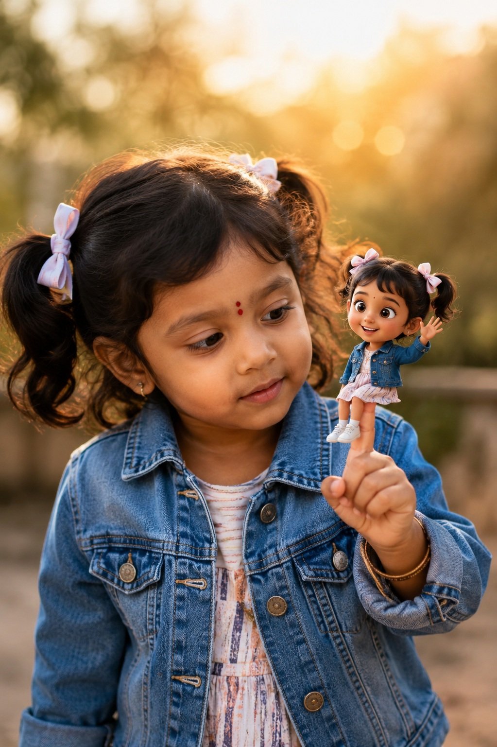 Ultra-realistic cinematic portrait of an adorable 3-year-old Indian girl with chubby cheeks, sparkling eyes, and cute ribbon-tied pigtails,