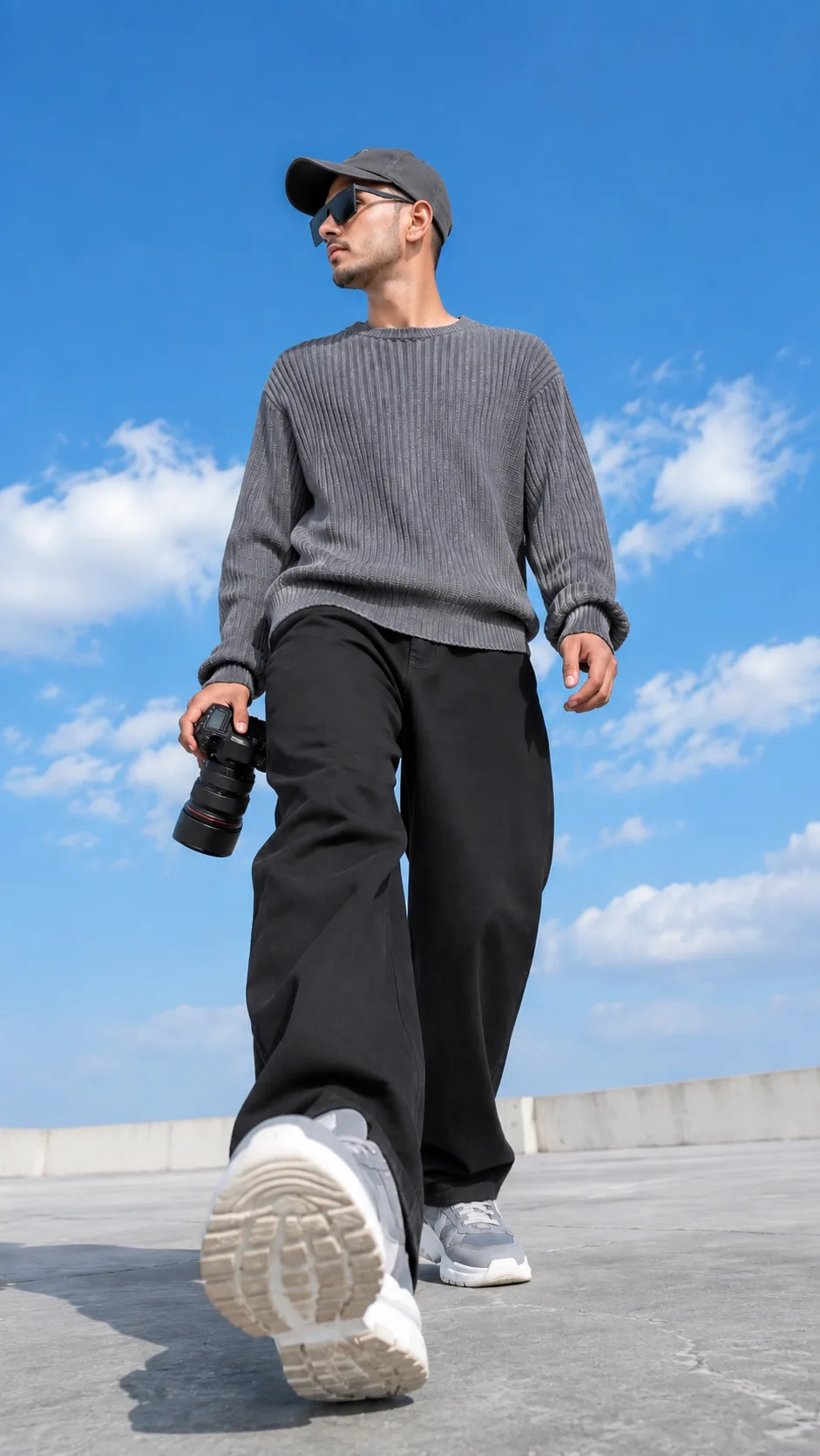 Create an ultra-realistic full-body portrait of a stylish young Korean man walking confidently on a wide open concrete rooftop under a