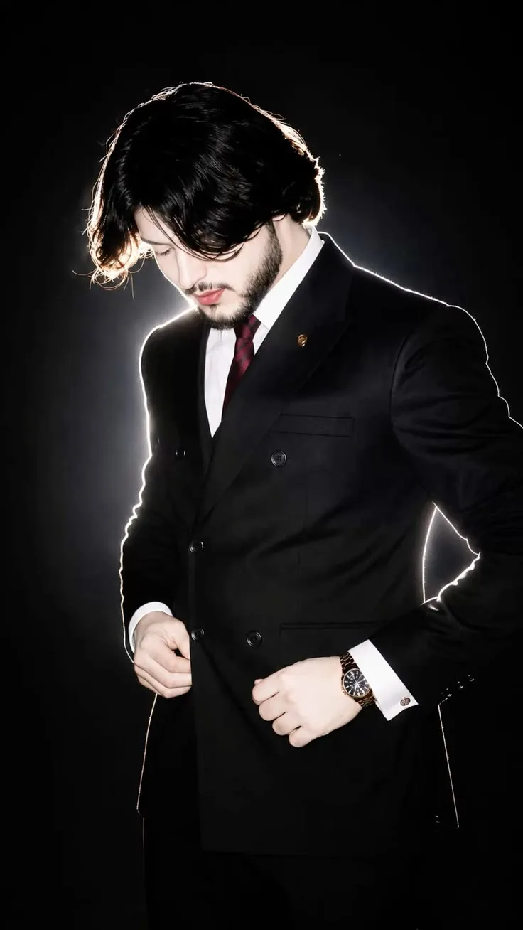 A high-contrast cinematic studio portrait of a handsome young man with medium-length dark hair and a neat beard, looking downwards in a