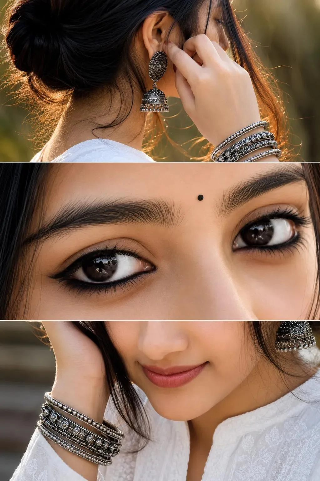 Ultra-realistic cinematic triptych portrait of a young South Asian woman in traditional white embroidered attire, photographed in warm