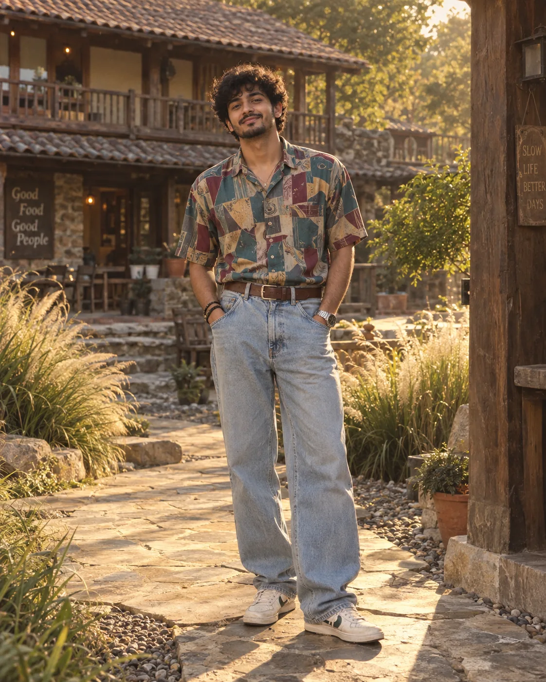 Full-body portrait of a casual young man standing on a stone pathway in a rustic outdoor courtyard, smiling and relaxed with hands in