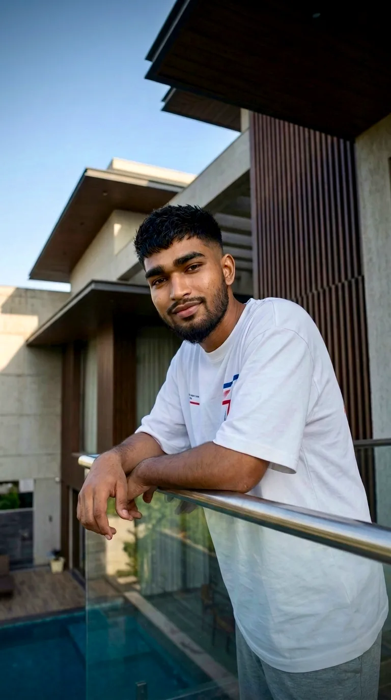 A photorealistic vertical portrait of the young South Asian man from the reference image, faithfully preserving his exact recognizable