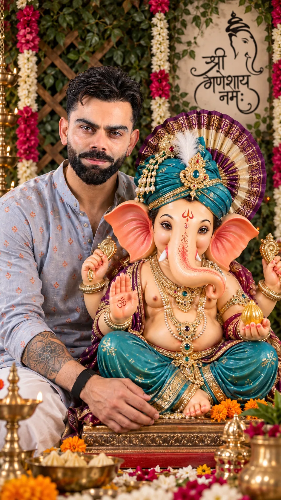 Create a high-resolution, photorealistic Indian festive portrait in a vertical 4:5 composition, closely matching the reference image.