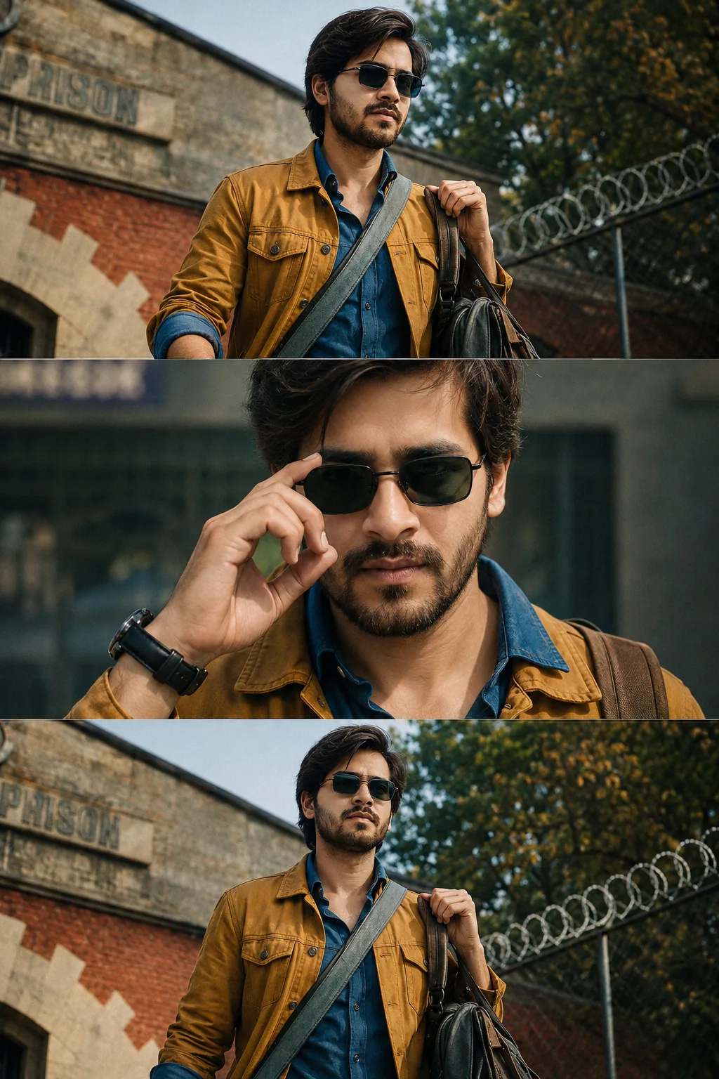 Create a cinematic three-panel vertical collage featuring the same rugged middle-aged man with salt-and-pepper hair, a short mustache and